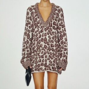 Free People Brown Leopard V-Neck Sweater XL New with tags
